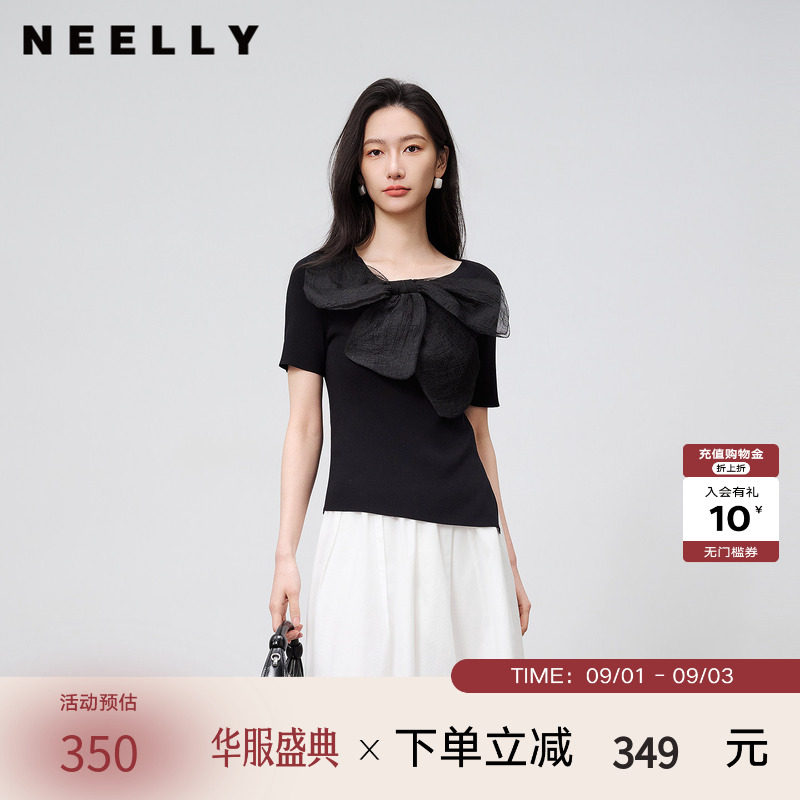 NEELLY纳俪商场同款夏新款法式气质蝴蝶结针织衫女修身显瘦短上衣