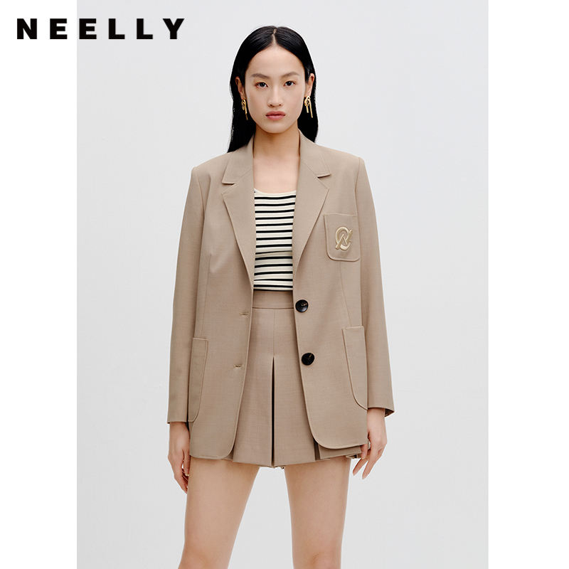 NEELLY纳俪商场同款卡其色西装外套秋季新款高级感休闲气质小西服