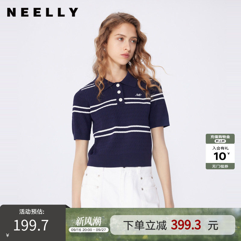 NEELLY纳俪商场同款春秋新款Polo领个性显瘦针织衫女短袖条纹上衣