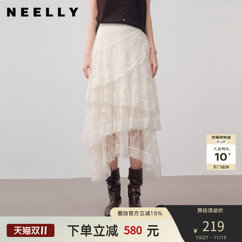 NEELLY纳俪商场同款秋新款不规则蕾丝半身裙女百搭显瘦飘逸A字裙