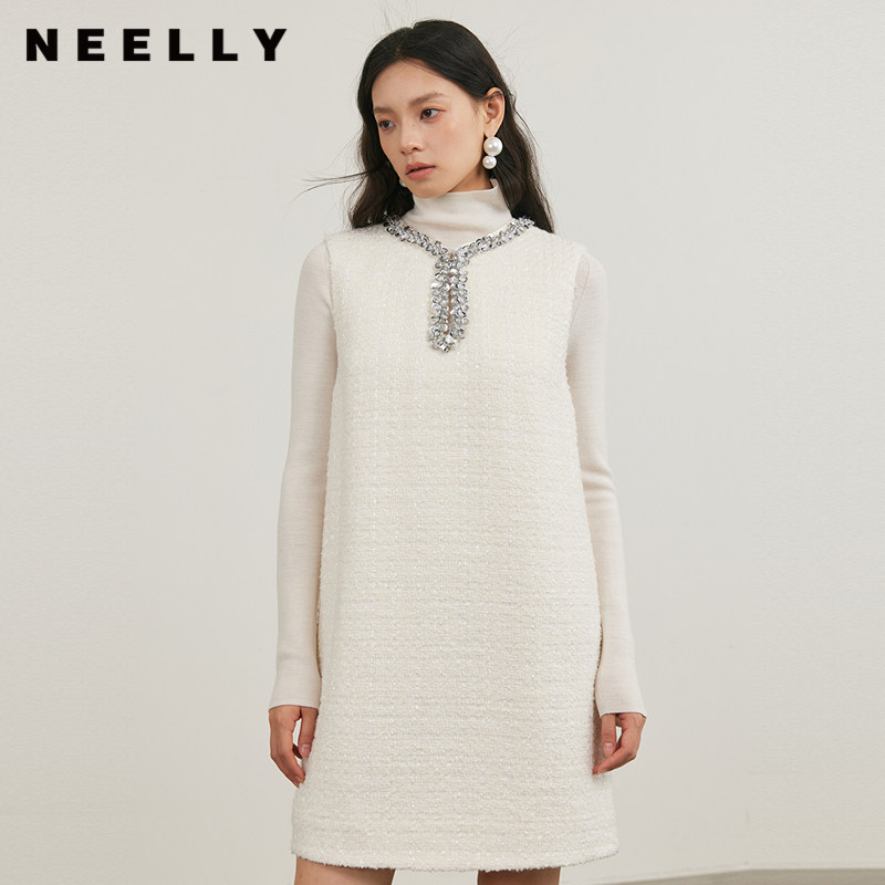 NEELLY纳俪商场同款冬季新款小香风圆领背心裙女直筒显瘦连衣裙