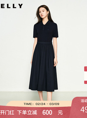 NEELLY纳俪商场同款春季新款翻领收腰百搭连衣裙女通勤气质长裙