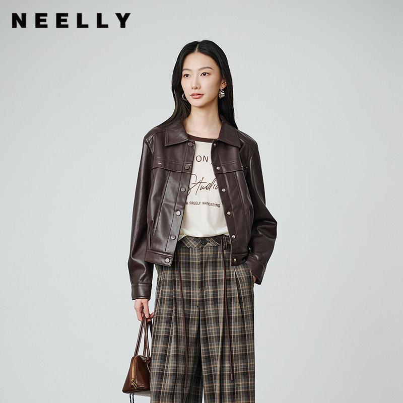 NEELLY纳俪商场同款春秋新款时尚复古翻领短夹克女简约廓形感外套
