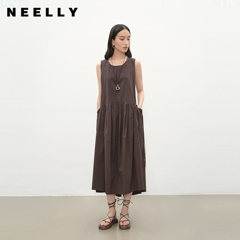 NEELLY纳俪商场同款夏季新款复古圆领背心连衣裙女宽松休闲长裙