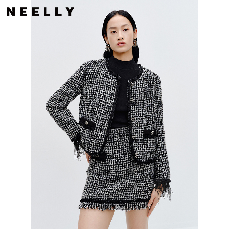 NEELLY纳俪精致小香风短外套秋新款气质时尚黑白格简约长袖上衣女