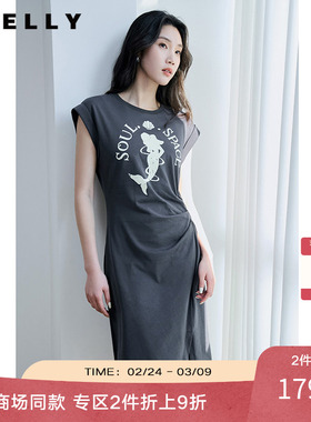NEELLY纳俪商场同款夏季新款烟灰色收腰休闲连衣裙女印花褶皱长裙