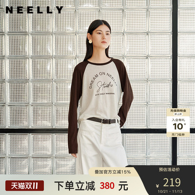 NEELLY纳俪商场同款秋季新款印花趣味撞色T恤女百搭插肩袖上衣