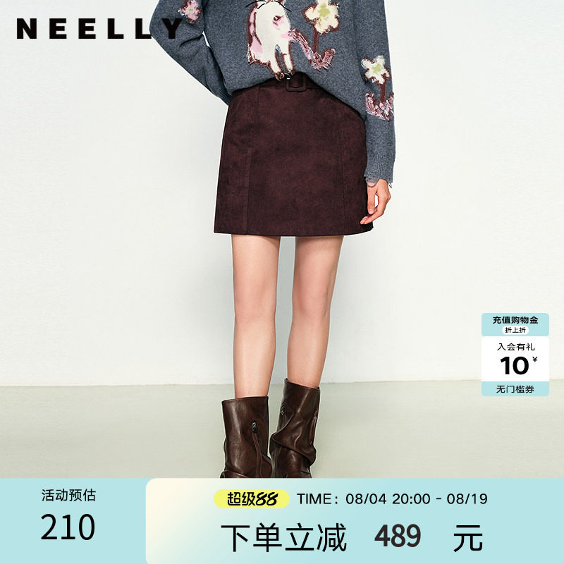 NEELLY纳俪商场同款春秋新款复古显白高腰短裙女简约显瘦A字裙