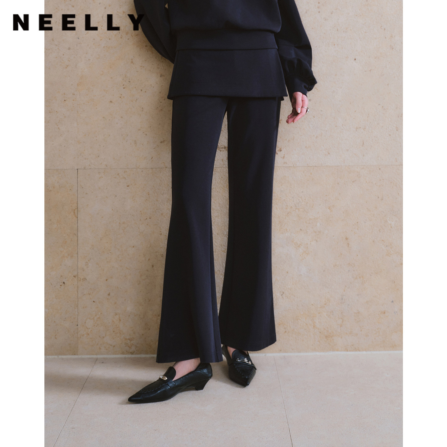 NEELLY纳俪商场同款秋新款高腰垂感微喇裤女小众百搭修身显瘦长裤