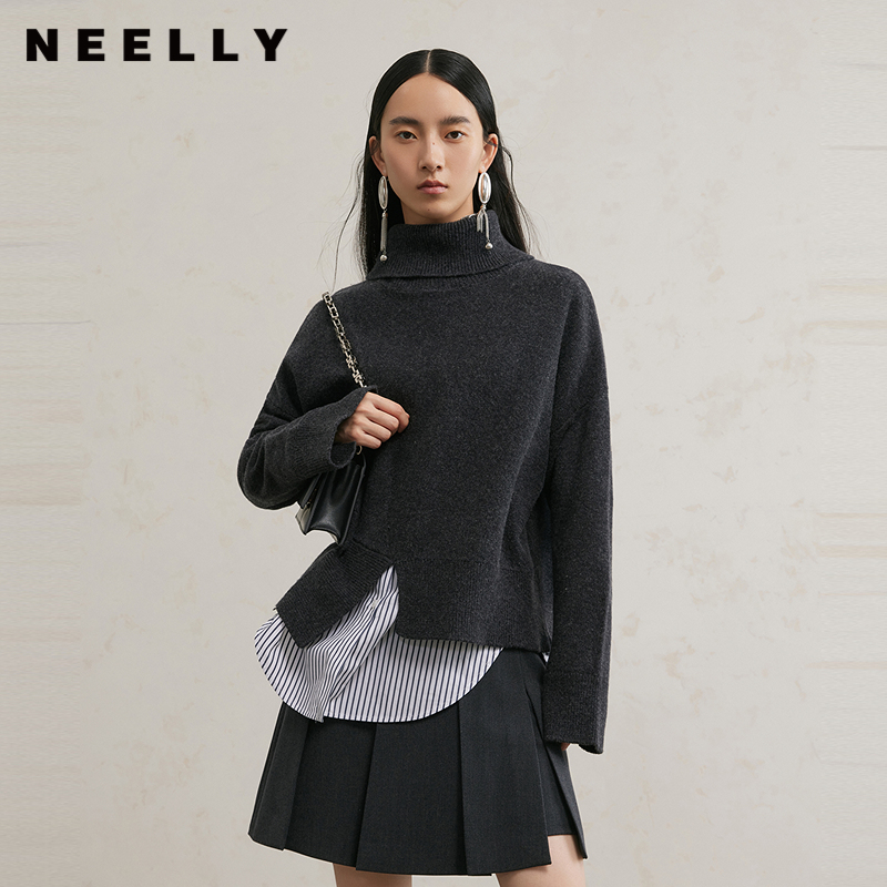 NEELLY纳俪商场同款冬季新款经典衬衫领开衩羊毛针织衫女宽松上衣