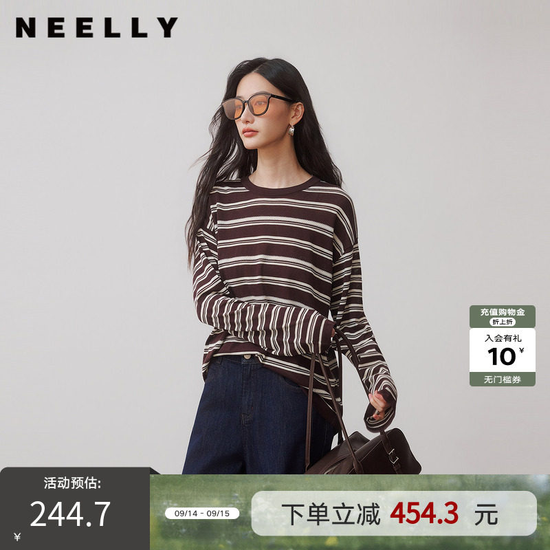 NEELLY纳俪商场同款秋季新款复古条纹长袖圆领T恤女撞色休闲上衣