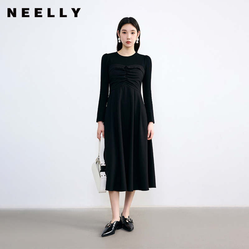 NEELLY纳俪拼接黑色连衣裙