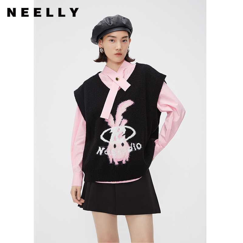 NEELLY纳俪商场同款秋冬新款针织套头马夹女V领百搭甜美无袖上衣