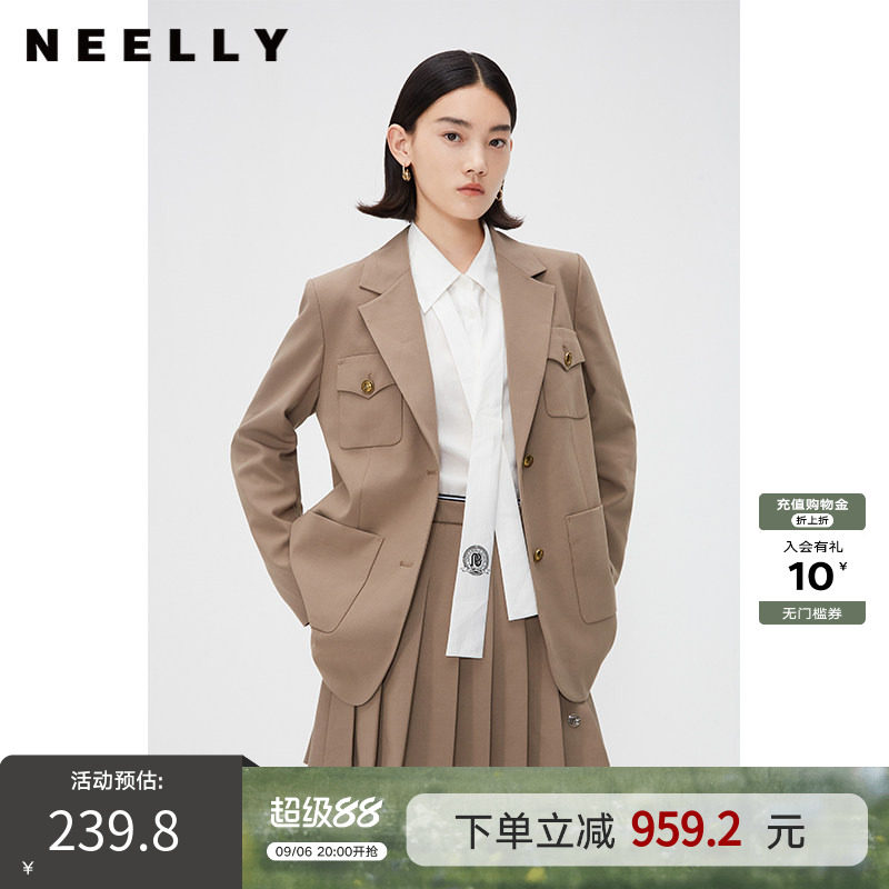NEELLY纳俪商场同款春秋款英伦风西装外套女韩版金扣挺阔小西服
