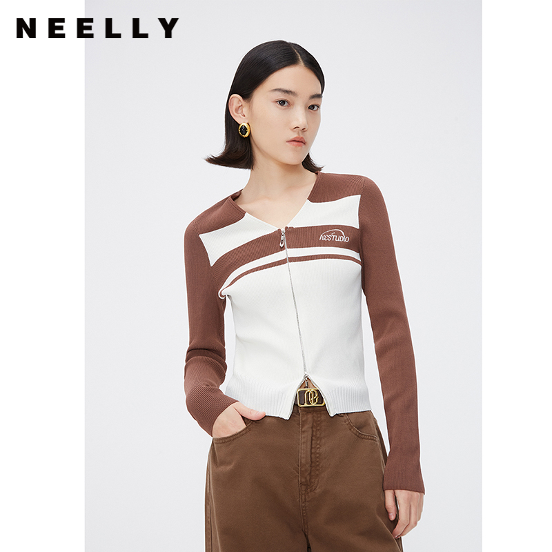 NEELLY纳俪商场同款秋V领刺绣双头拉链针织衫女时尚修身酷辣上衣