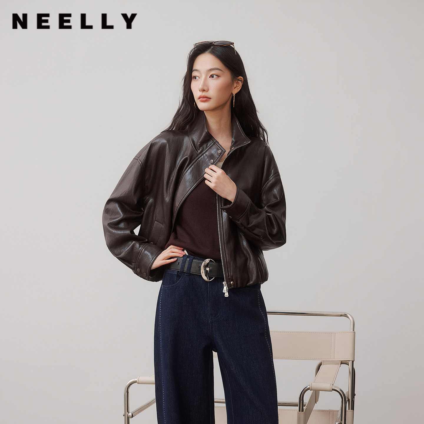 NEELLY纳俪商场同款秋新款设计感帅气上衣女高级感复古廓形短外套