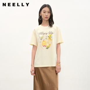 NEELLY纳俪商场同款 趣味舒适T恤女字母印花减龄纯棉上衣 夏季 新款