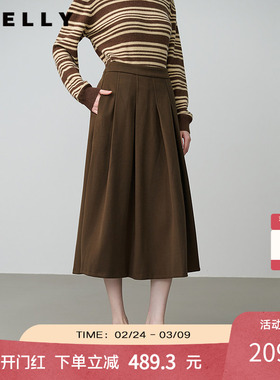NEELLY纳俪春新款商场同款复古百搭A字半身裙女显白收腰百褶长裙