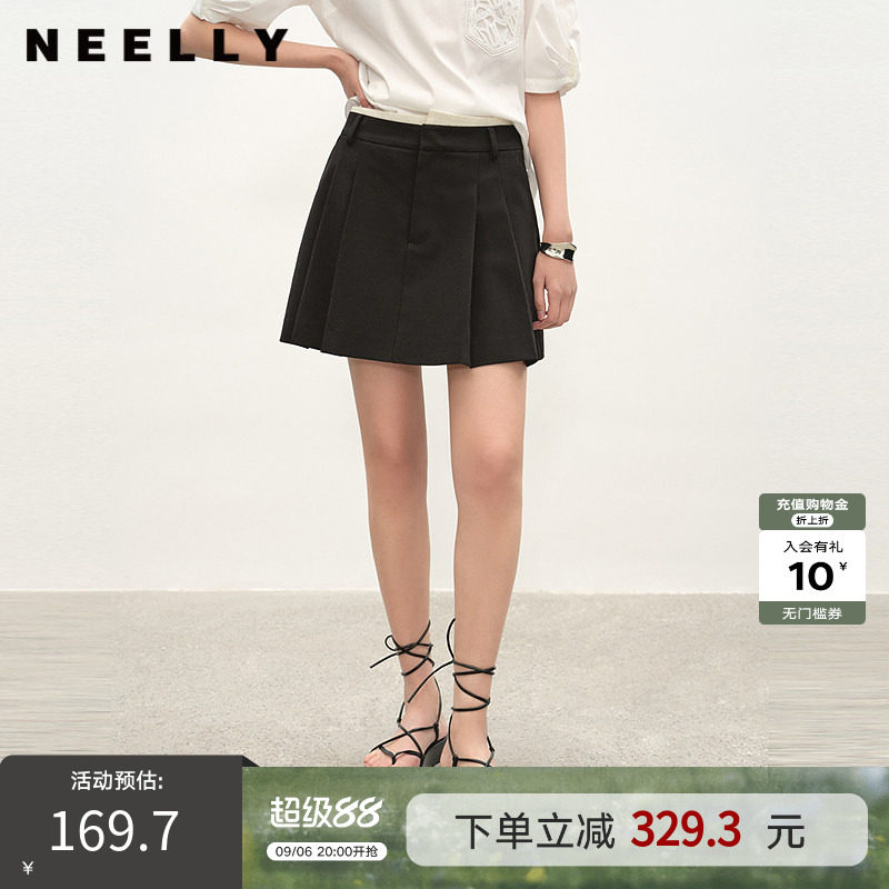 NEELLY纳俪商场同款夏季新款经典学院风百褶裙女显瘦遮胯百搭短裙