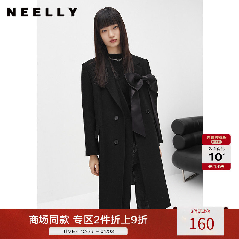 NEELLY纳俪商场同款冬季新款毛呢外套女中长款含羊毛大衣百搭修身