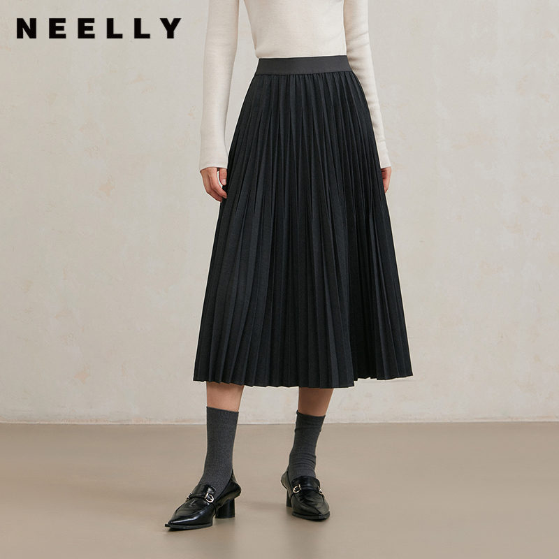 NEELLY纳俪商场同款冬季新款黑色百褶裙女A字垂感半身裙中长款