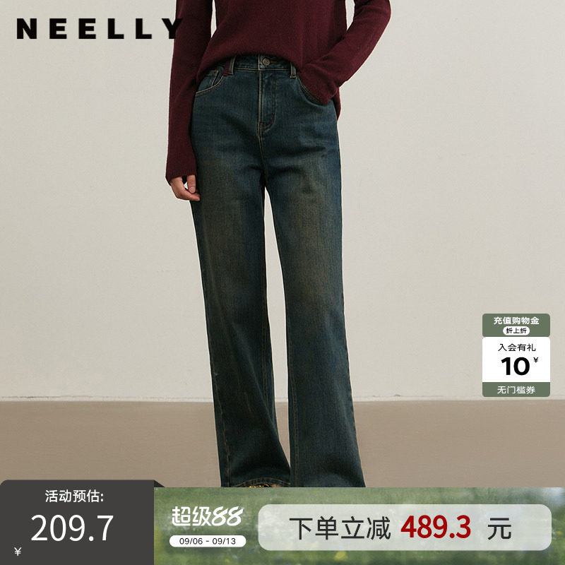 NEELLY纳俪商场同款冬新款复古做旧直筒长裤女小个子休闲牛仔裤