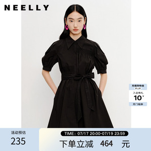 NEELLY纳俪商场同款夏季新款收腰连衣裙女中长款甜美泡泡袖A字裙