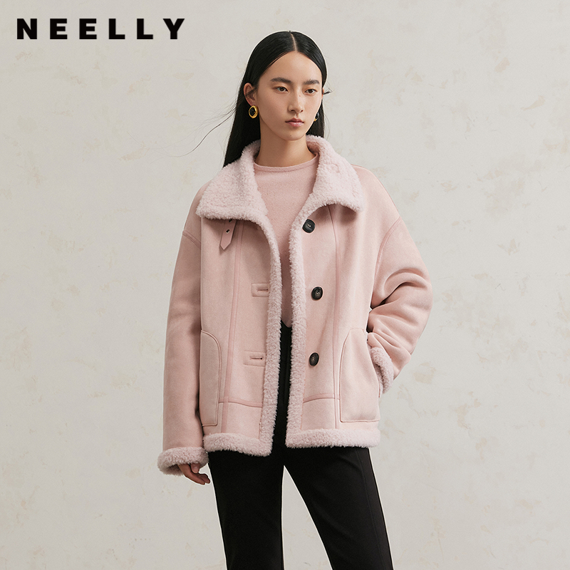 NEELLY纳俪商场同款冬季新款羊毛翻领外套女百搭直筒时尚保暖上衣