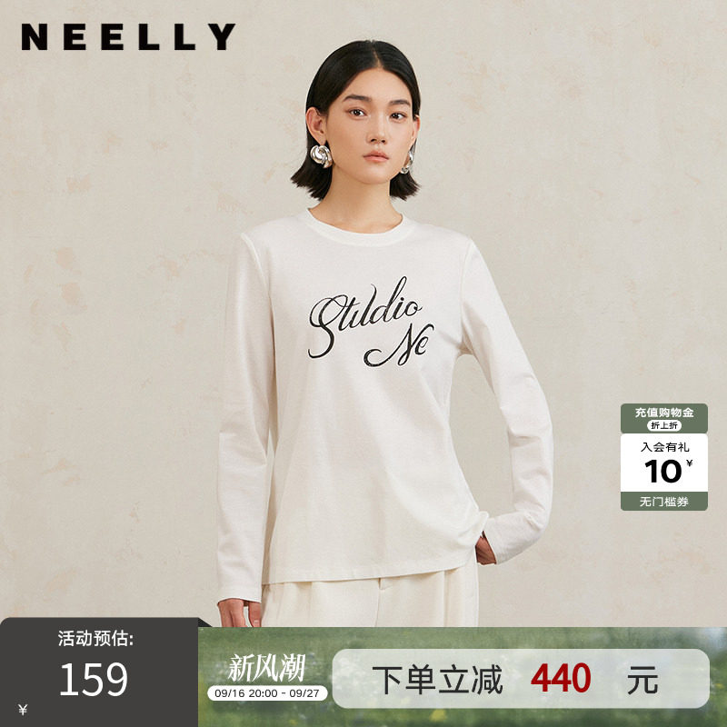 NEELLY纳俪商场同款春秋新款白色T恤女字母印花宽松圆领百搭显瘦