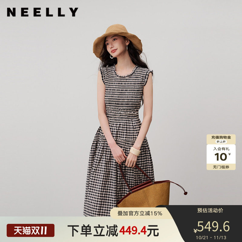 NEELLY纳俪商场同款夏新款复古黑白格连衣裙女无袖修身木耳边长裙