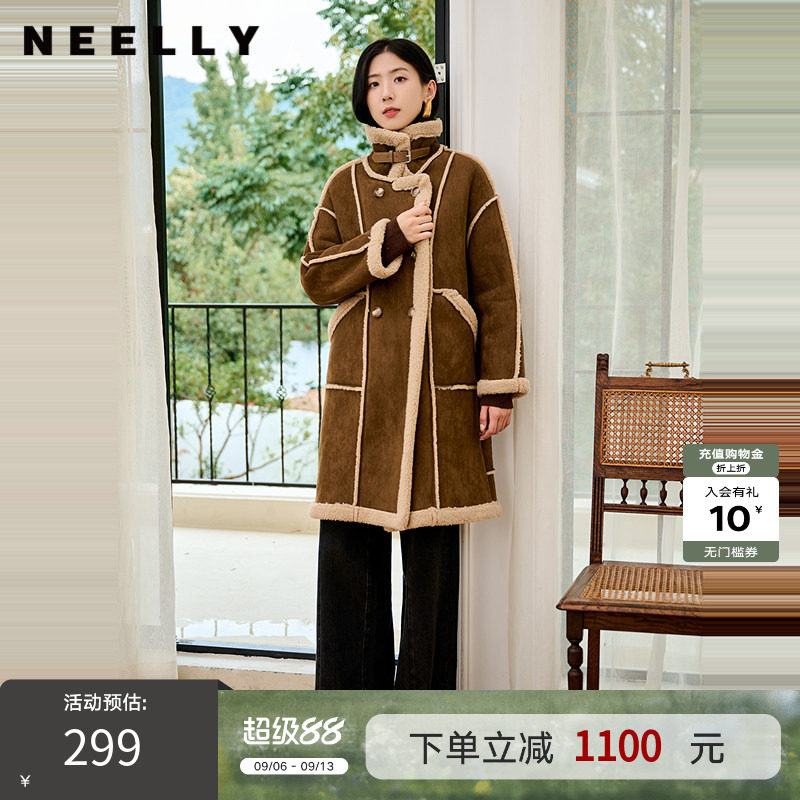 NEELLY纳俪商场同款冬季新款复古美拉德麂皮绒保暖外套女长款大衣