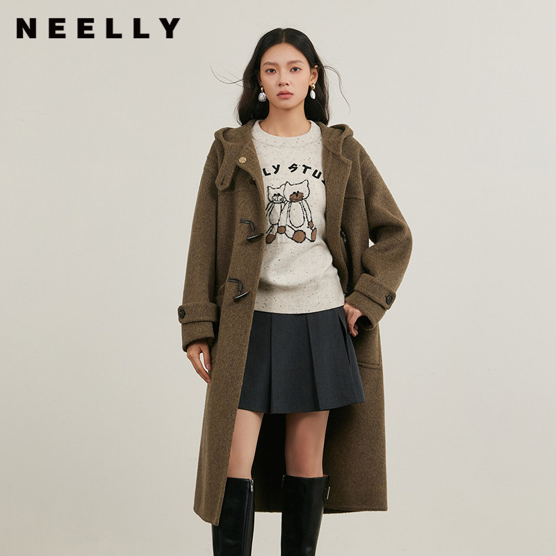 NEELLY纳俪商场同款冬季新款减龄连帽牛角扣长款双面呢大衣保暖女