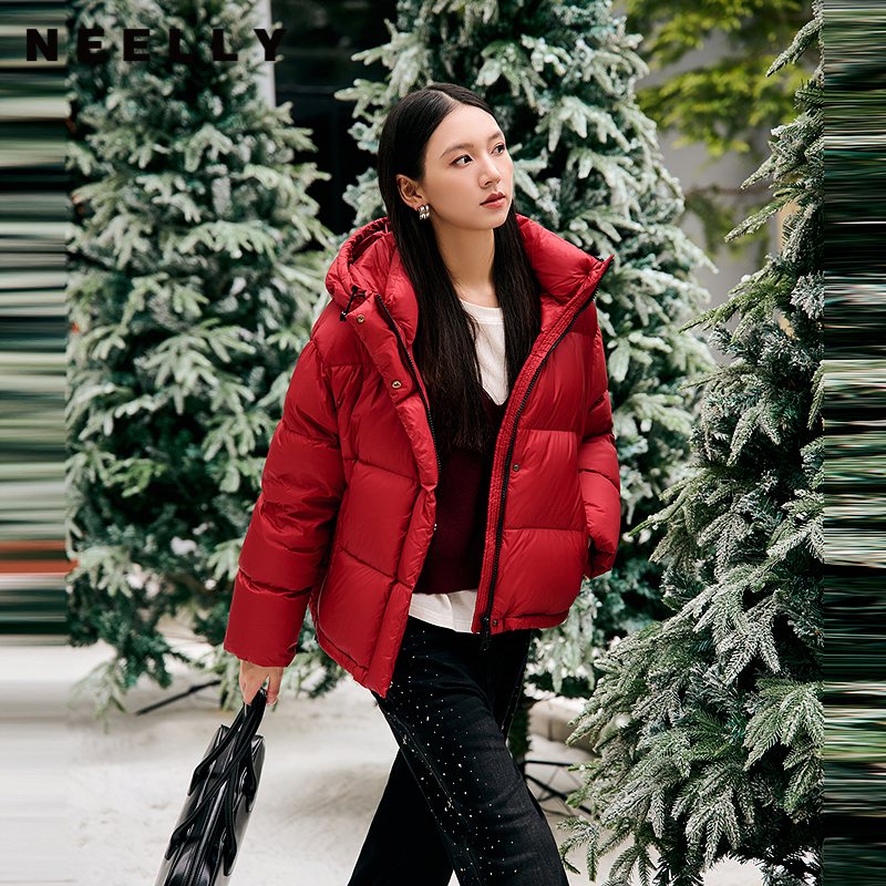 NEELLY纳俪商场同款冬季新款连帽90%鹅绒龟背羽绒服女保暖面包服