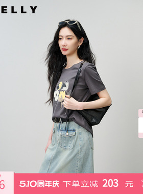 NEELLY纳俪商场同款夏季新款灰色圆领印花T恤女纯棉小众短袖上衣
