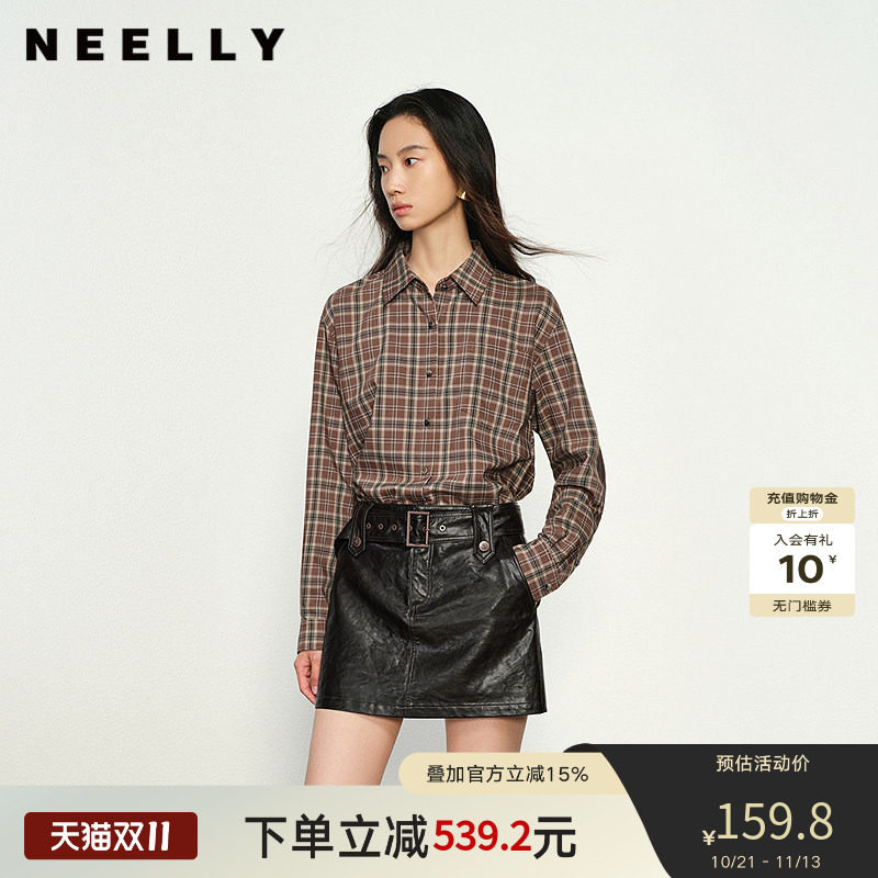NEELLY纳俪商场同款春秋新款时尚通勤格纹衬衫女长袖百搭外套