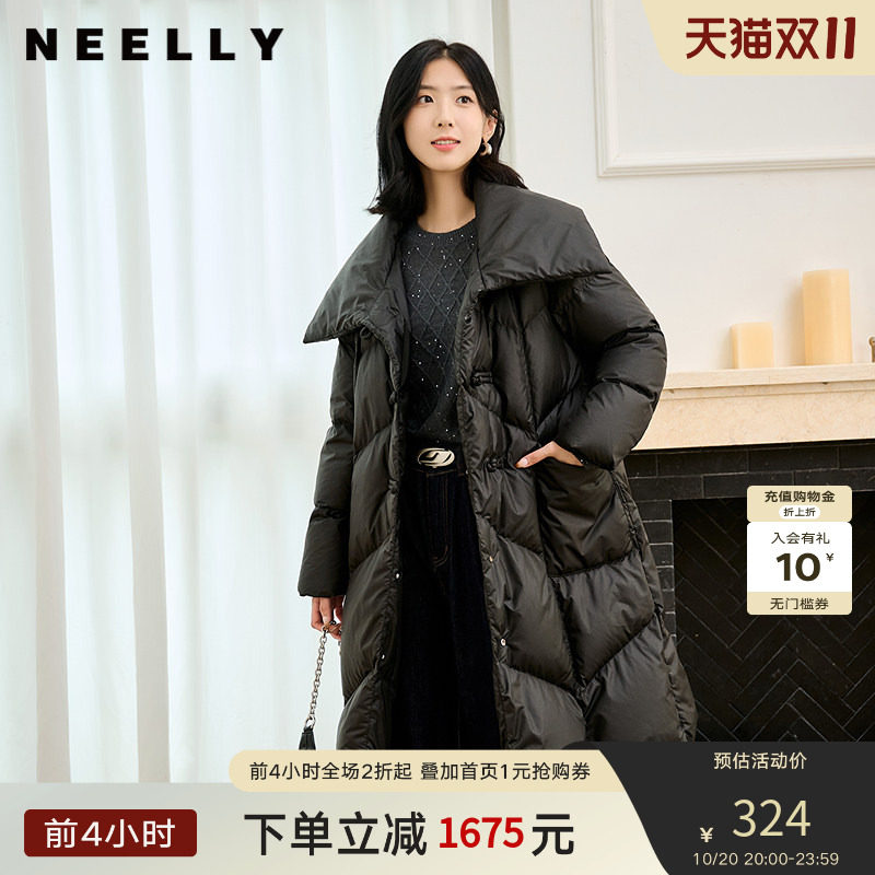 NEELLY纳俪商场同款冬季新款大翻领90%鸭绒中长款保暖羽绒服女