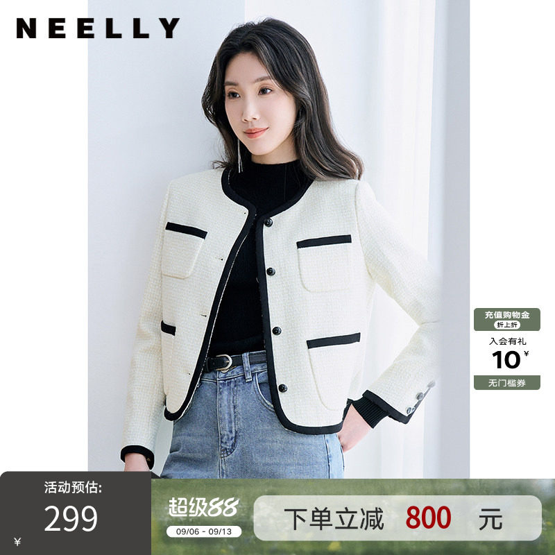 NEELLY纳俪商场同款冬新款小香风羊毛粗花呢外套女撞色显瘦短上衣
