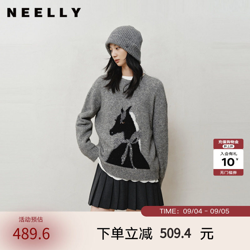NEELLY纳俪商场同款冬新款时尚卡通趣味圆领针织衫女软糯休闲毛衣