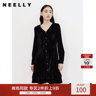 新款 A字裙夏季 黑色连衣裙女气质v领中长款 NEELLY纳俪商场同款