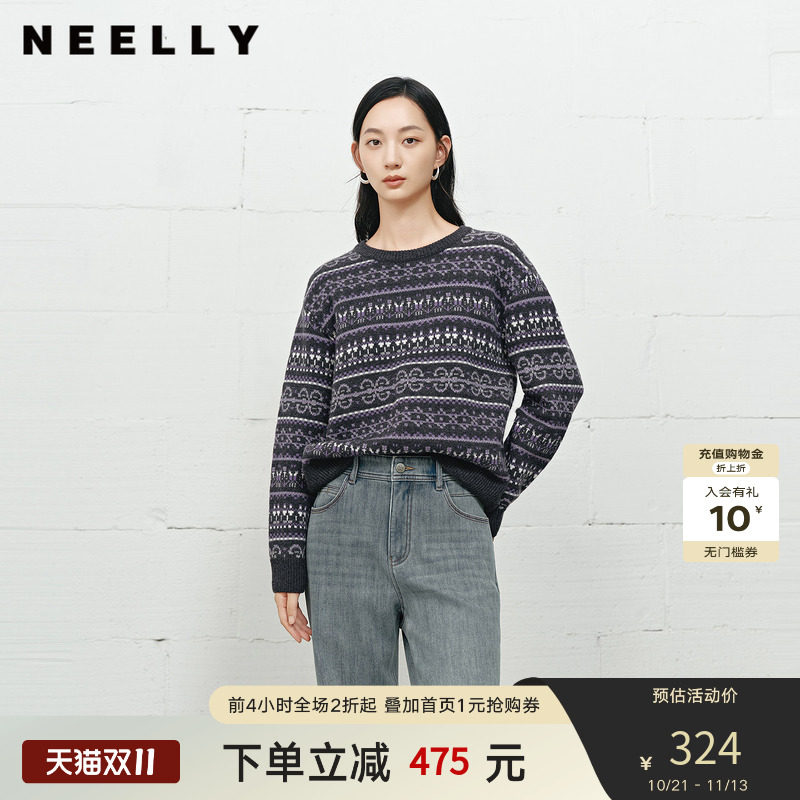 NEELLY纳俪商场同款冬季新款费尔岛提花毛衣女撞色宽松羊毛针织衫