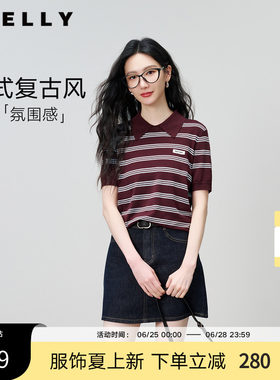 NEELLY纳俪商场同款夏新款复古尖领条纹POLO衫女通勤休闲针织T恤