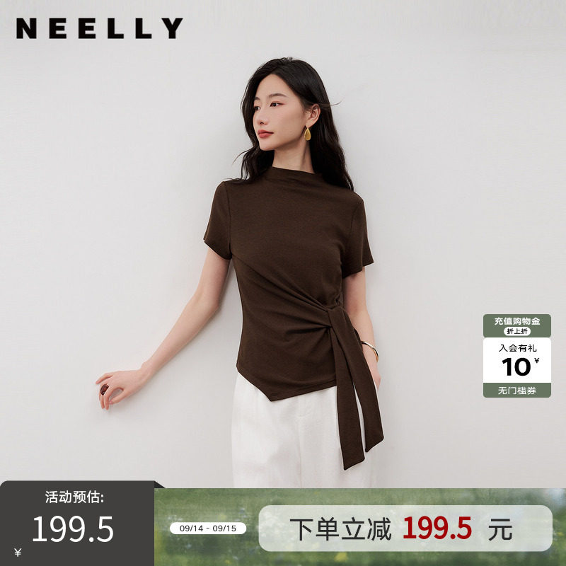 NEELLY纳俪商场同款秋季新款气质半高领绑带短袖女收腰显瘦上衣图片