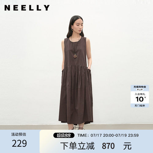 NEELLY纳俪商场同款夏季新款复古圆领背心连衣裙女宽松休闲长裙