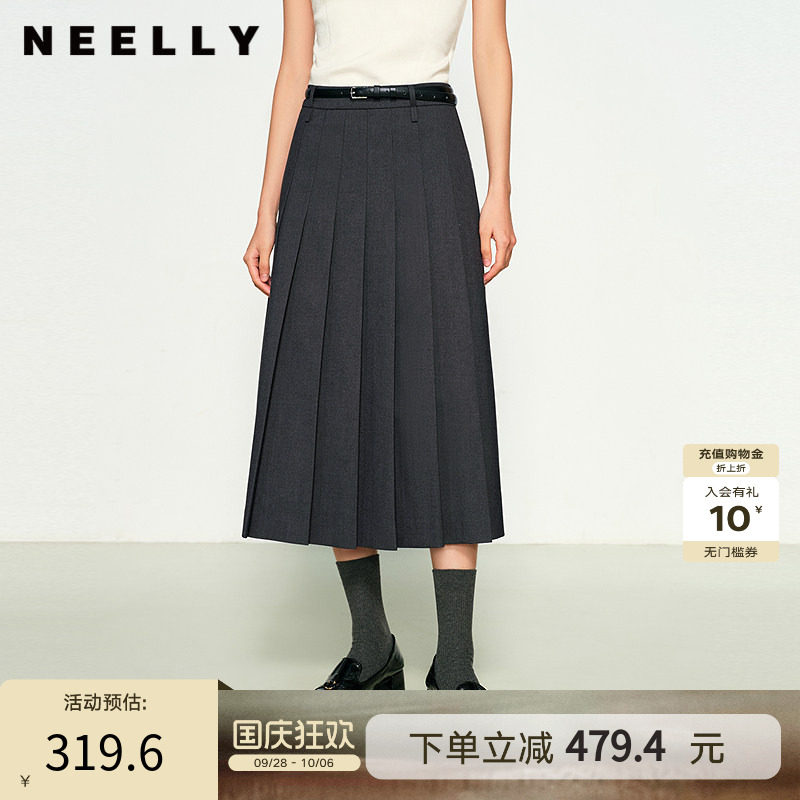 NEELLY纳俪商场同款春新款经典时尚百褶裙女高腰垂感中长款半身裙