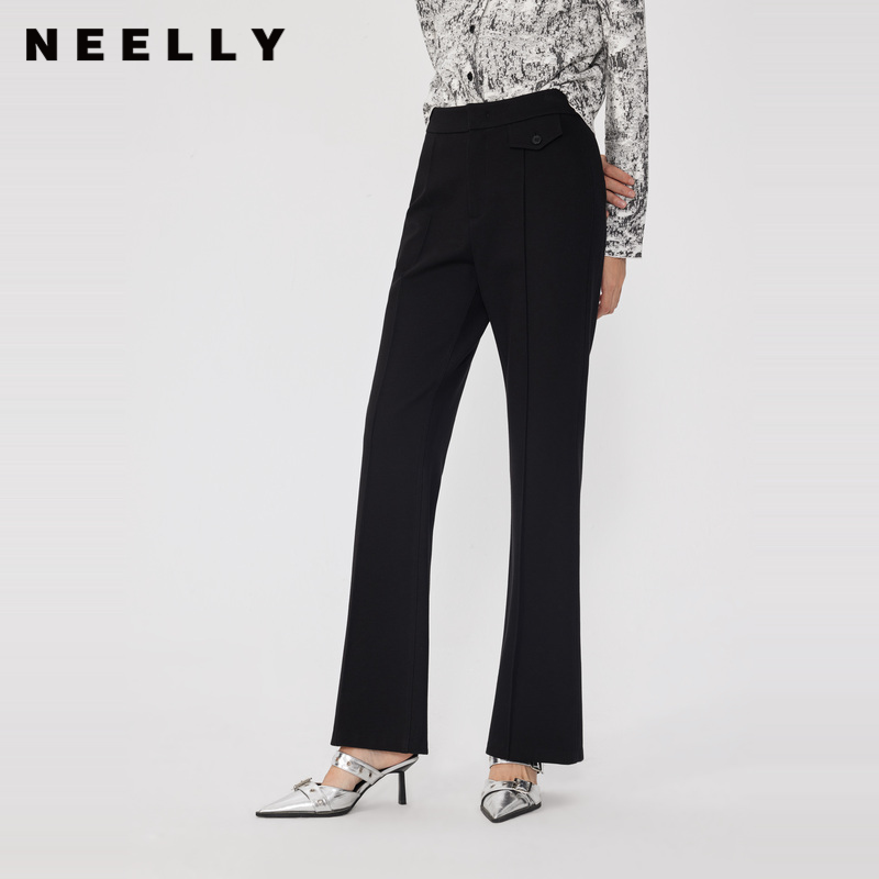 NEELLY纳俪黑色通勤风微喇休闲裤