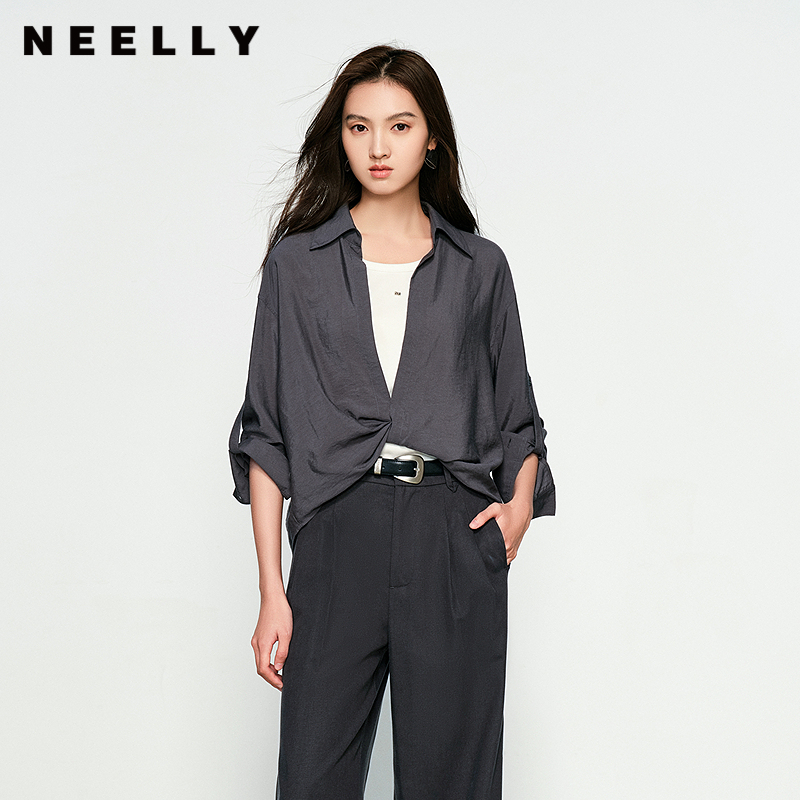 NEELLY纳俪商场同款春季新款时尚设计感垂坠假两件衬衫女宽松上衣
