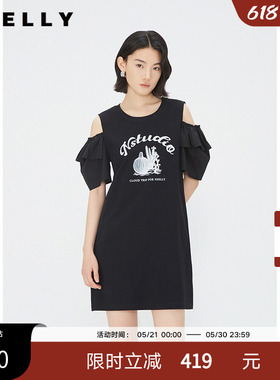 NEELLY纳俪商场同款黑色圆领露肩连衣裙女夏季纯棉印花休闲直筒裙
