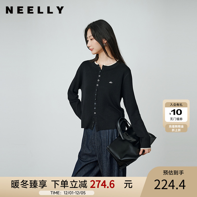 NEELLY纳俪商场同款秋冬新款圆领俏皮针织开衫女时尚假两件上衣
