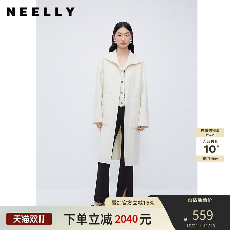NEELLY纳俪商场同款100%绵羊毛双面呢大衣女中长款伯明翰气质穿搭