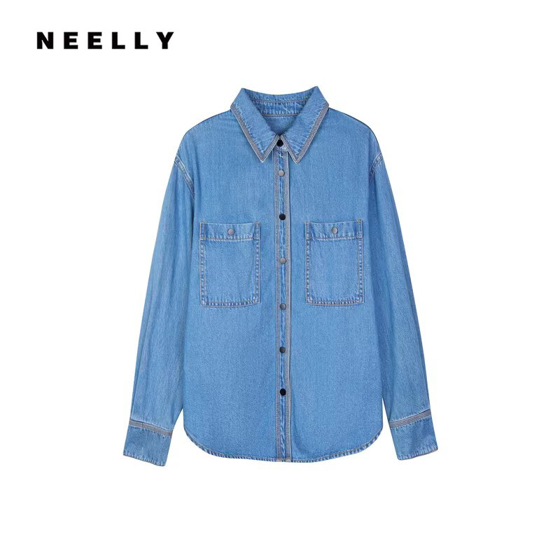 NEELLY纳俪商场同款春秋款莱赛尔宽松长袖翻领牛仔衬衫女休闲衬衣